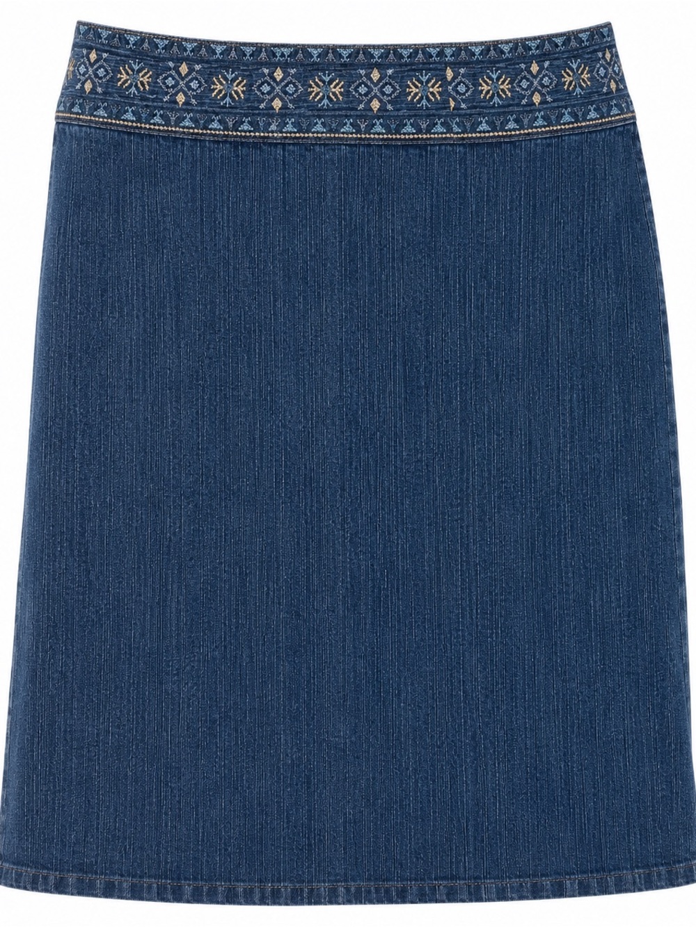 Embroidered Waist Dark Blue Denim Pencil Skirt